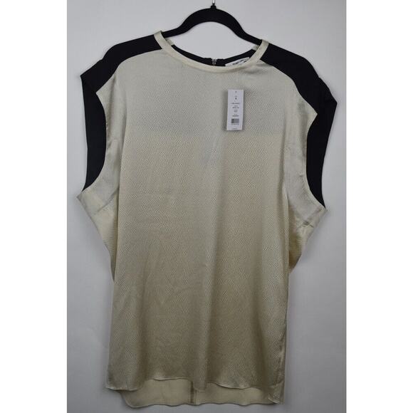 Helmut Lang Gravel Silk Long Blouse Cream Black Cap Sleeve Womens Medium $255 - Picture 1 of 16